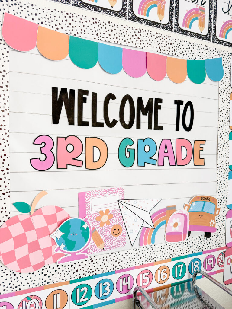 This image shows a close-up of a back to school display. The board says "Welcome to 3rd Grade" and has a bunch of clipart images of school supplies like apples, a school bus, a notebook, and more.