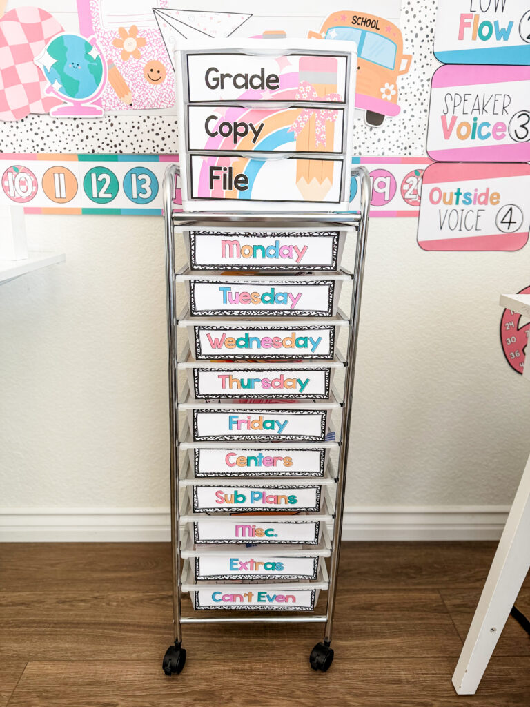This image shows a 10 drawer cart with a 3 drawer container on top. Both have labels for the drawers showing what goes in each drawer.