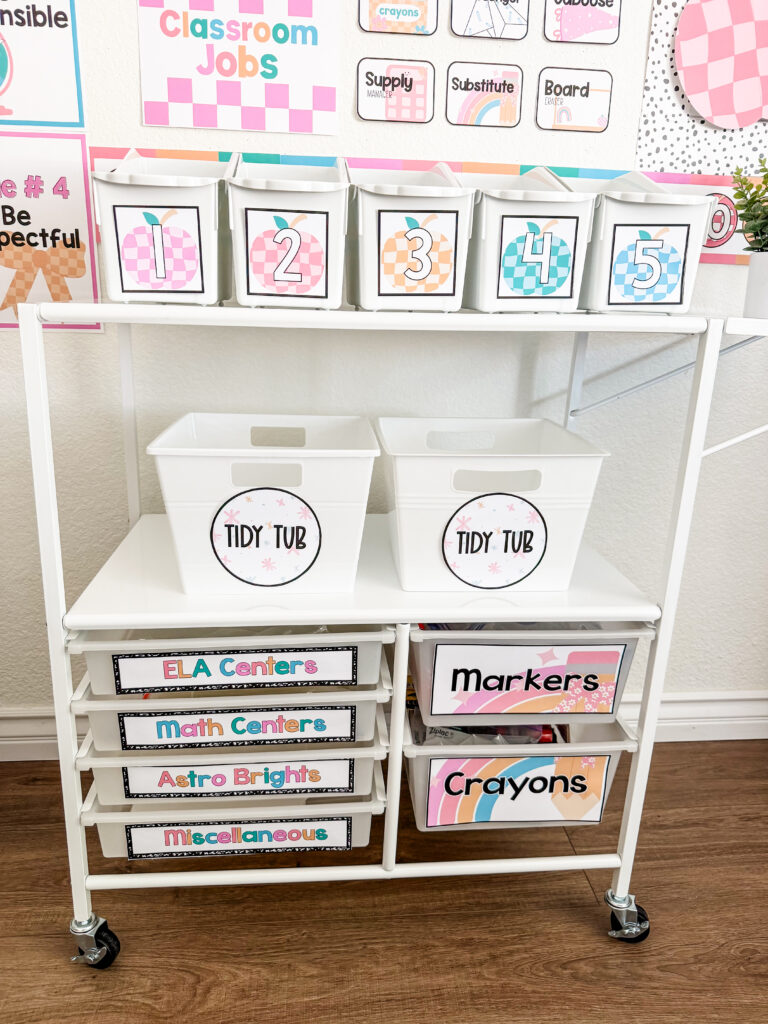 This image shows a larger rolling cart with editable labels included in the school edit classroom bundle.