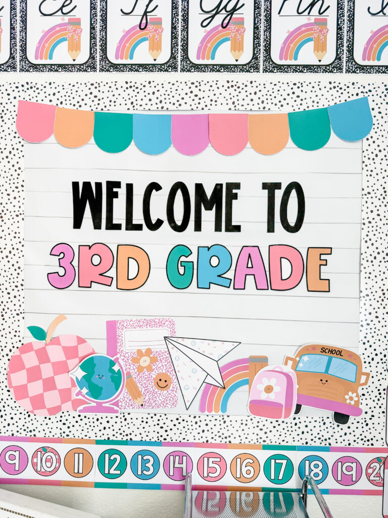 This image shows a back to school bulletin board display included in the school edit decor bundle.