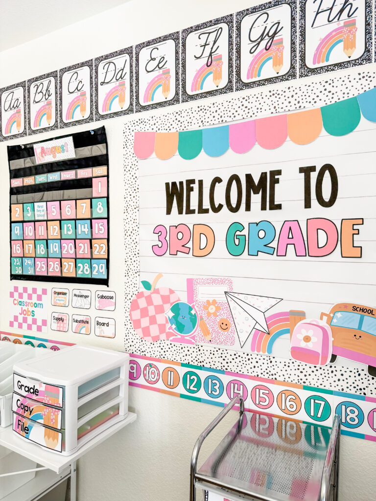 This image shows a classroom decorated in the pastel composition decor style included in the school edit bundle.