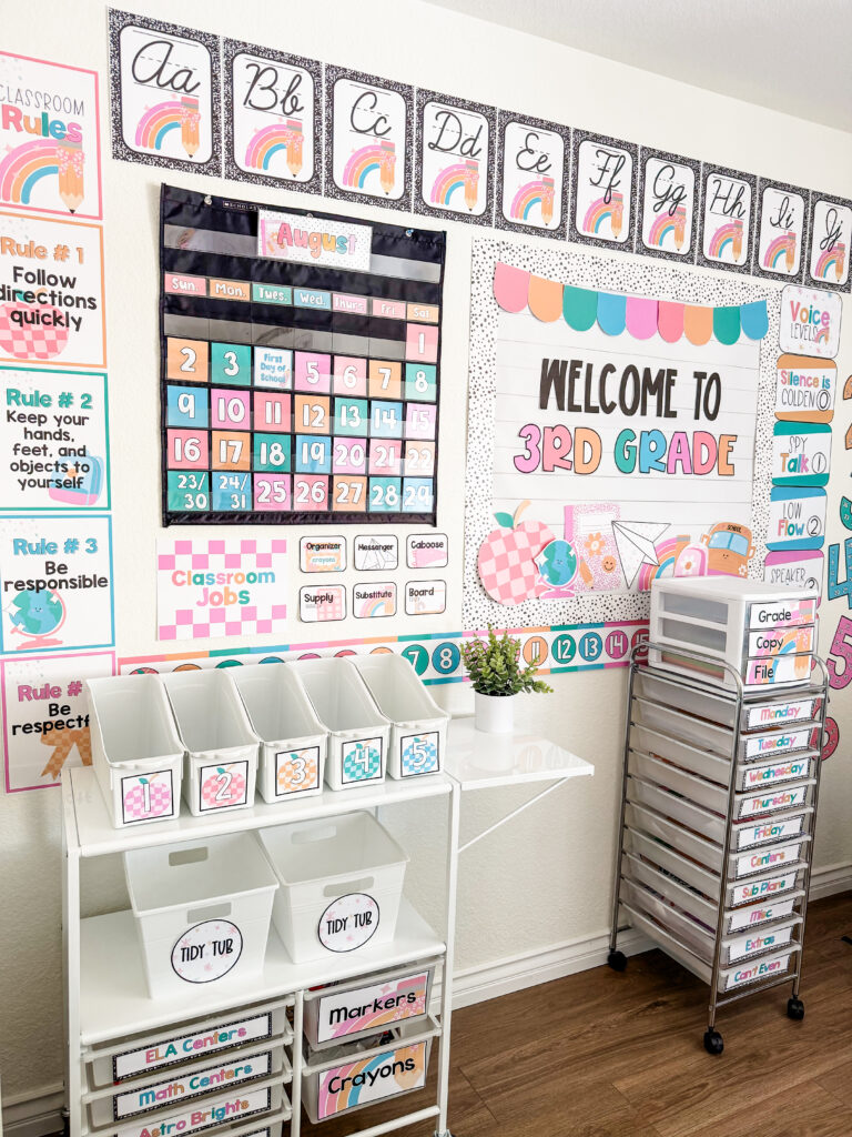 This image shows a classroom decorated in the pastel composition decor style included in the school edit bundle.