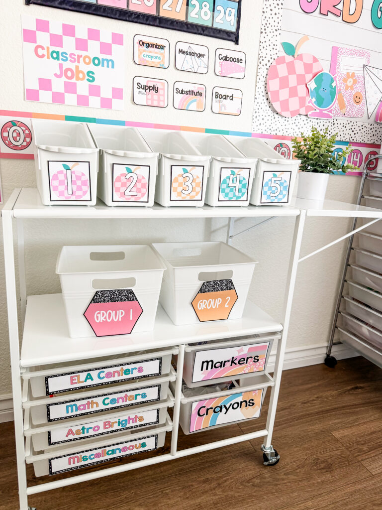 This image shows a large essex cart with buckets filled with supplies. All of the buckets and drawers have labels showing what each bucket is for.