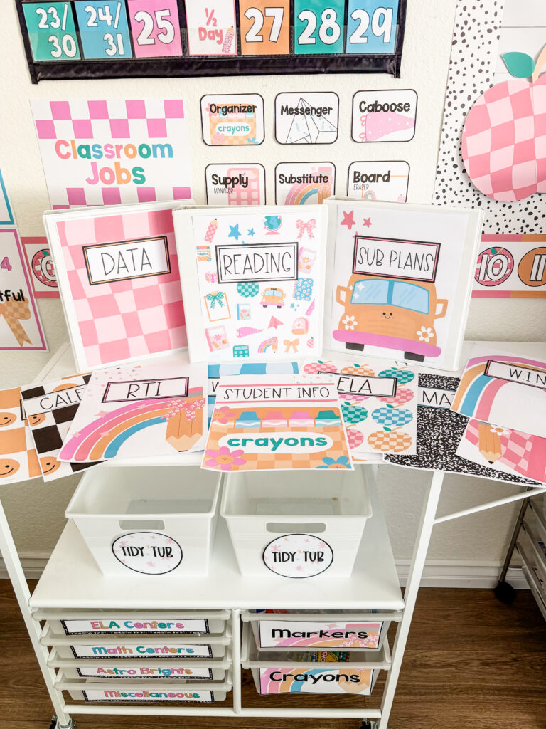 This image shows editable binder covers, labels, and other classroom decor items designed in a pastel composition style.