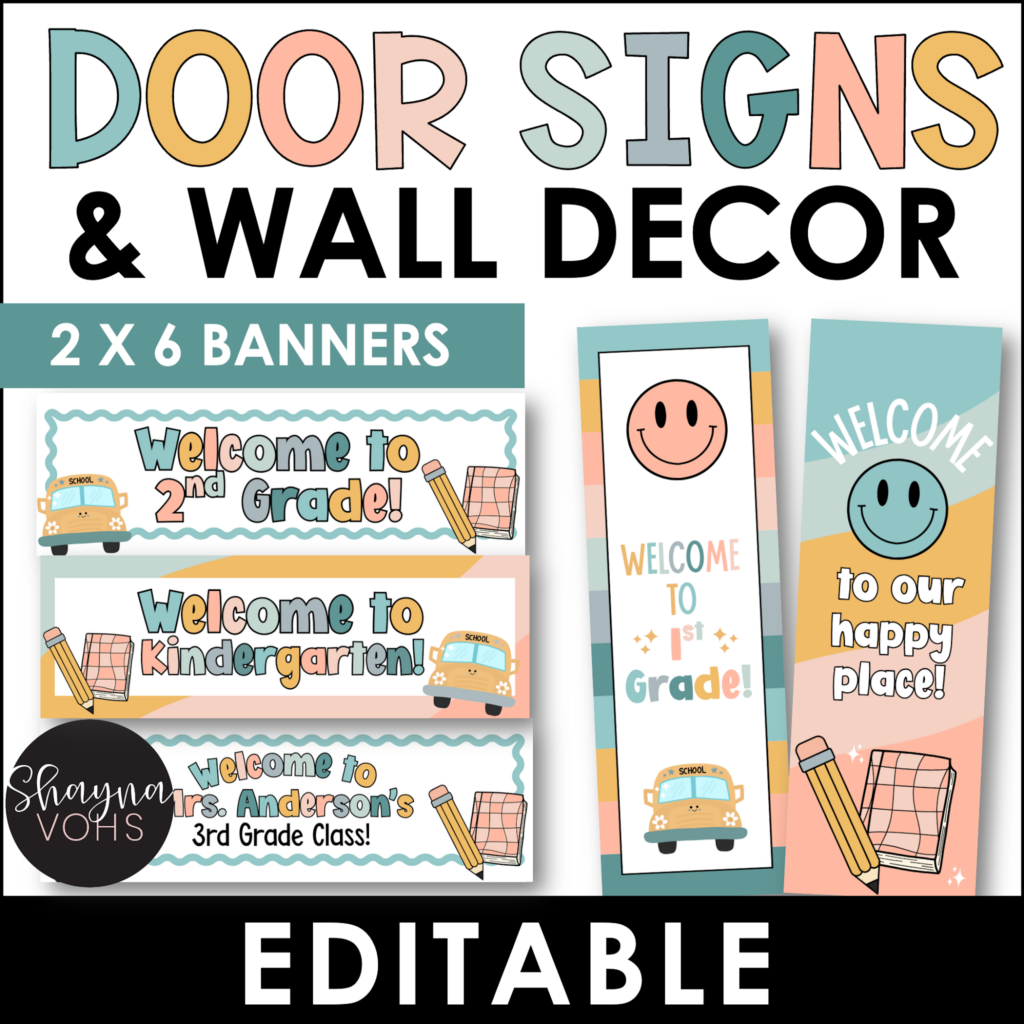 This image shows five different 2 x 6 banner designs that fit with the modern calm colors decor theme. There are two that go vertically to be used for a door, and three showing different "Welcome" horizontal banners.