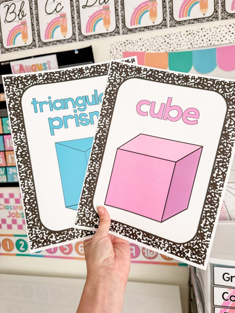 This image shows two of the shape posters included in the school edit decor bundle. The posters have a background that looks like a composition notebook.