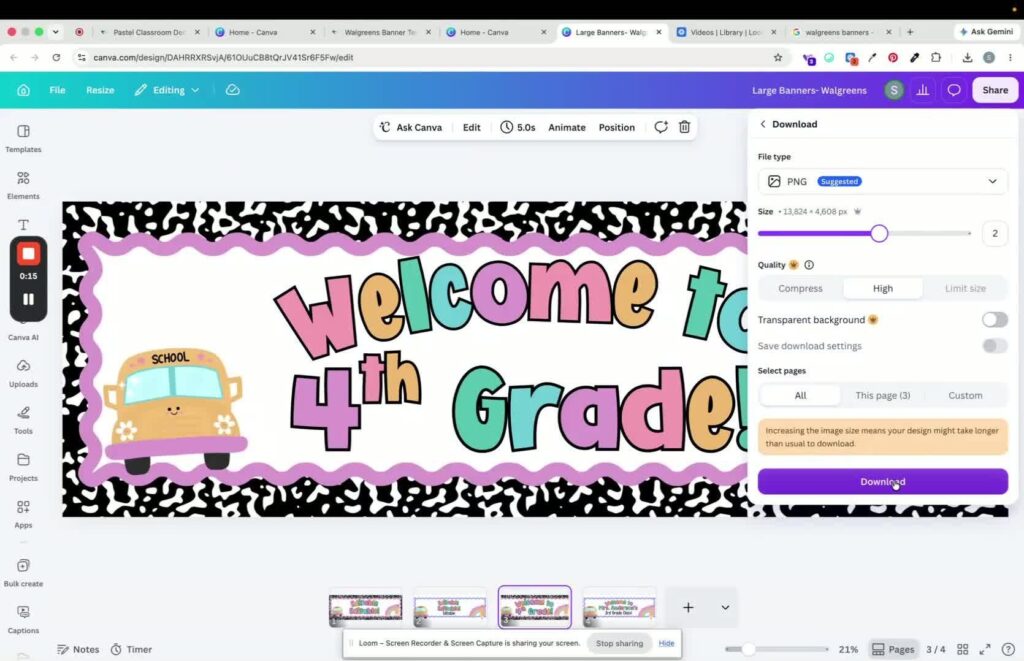 This image shows the screen on Canva when you are ready to save your classroom banner as a PNG file.