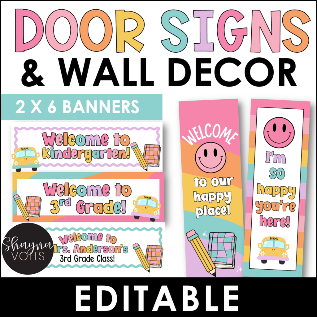 This image shows five different classroom banners in a fun, pastel color scheme. The banners have both vertical and horizontal styles.