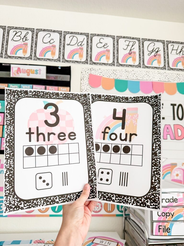 This image shows number posters with the digit, number name, ten frame, tally marks, and dice.