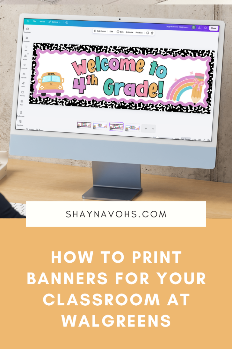 This image shows a computer screen with a Welcome to 4th Grade banner on them! The text at the bottom reads "How to print banners for your classroom at Walgreens".