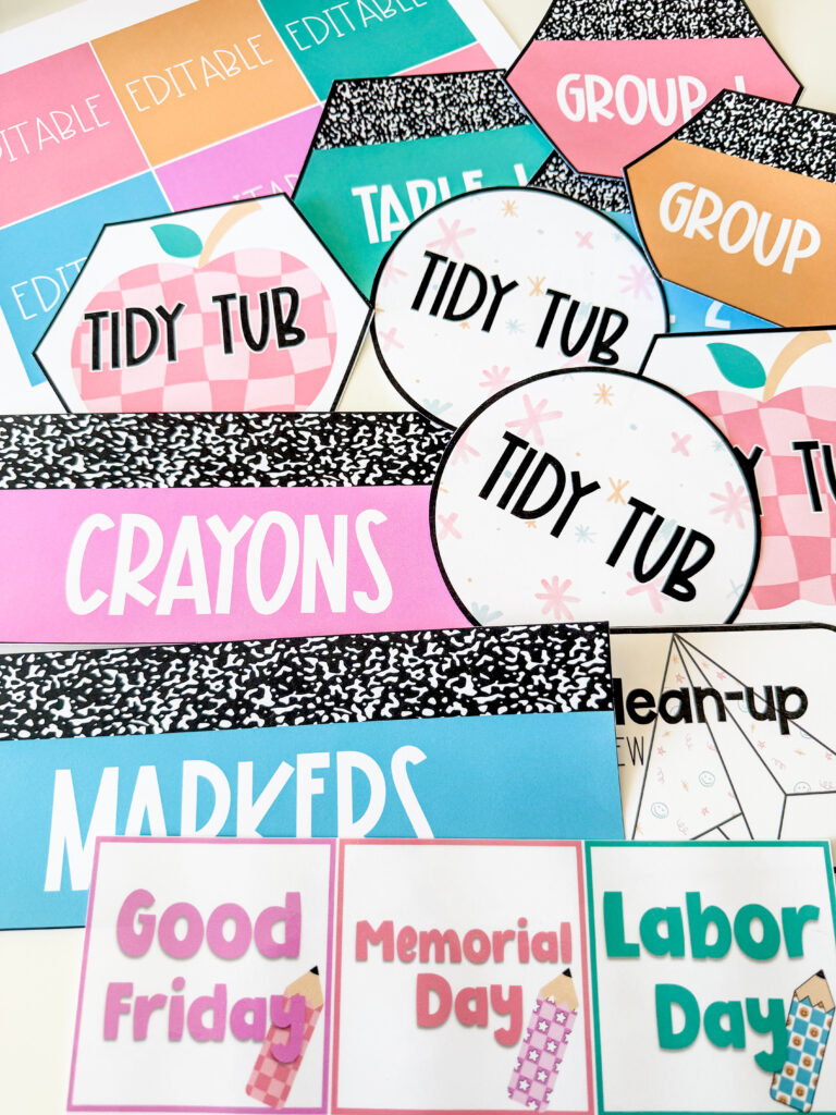 This image shows a bunch of editable labels included in the school edit classroom decor bundle. The labels are designed with a pastel composition theme.