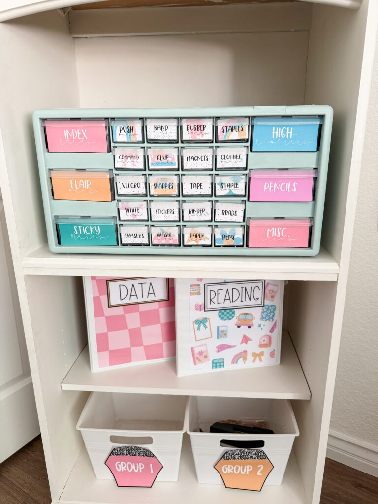 This image shows a teacher toolbox with pastel colored labels.