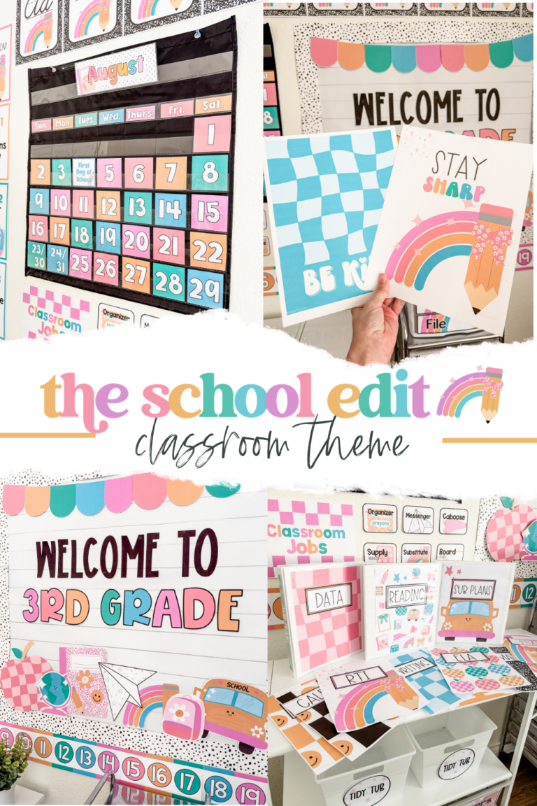 This image shows lots of images of items of the school edit decor bundle in classrooms. The text on the image says "The School Edit Classroom Theme".
