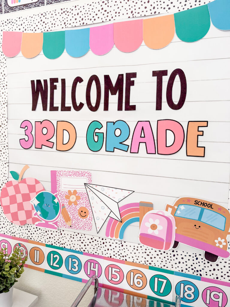 This image shows a welcome to 3rd grade bulletin board included in the school edit classroom bundle.