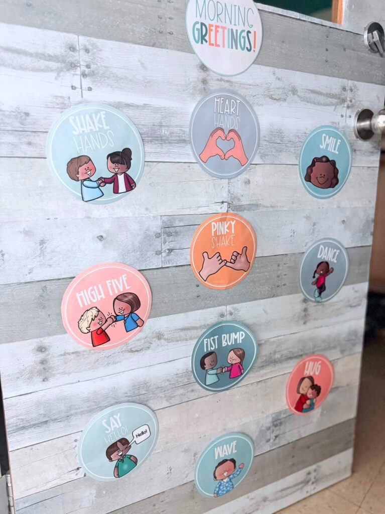 This image shows morning choices designed to match the Modern Calm Colors decor theme hanging on the back of a PK teacher's door so students can choose how they would like to be greeted as they enter the classroom in the morning. 