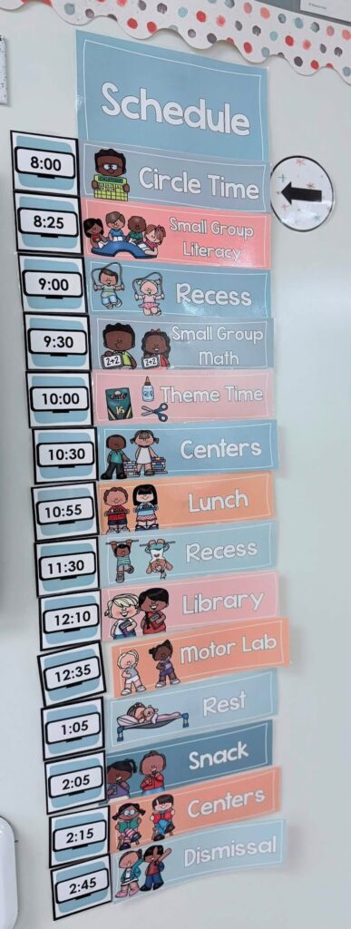 This image shows a close-up of the modern calm colors visual schedule included on the whiteboard. Each card has the name of the subject or activity as well as a small clipart picture. Next to each subject card is a digital clock reading the time each activity begins. 
