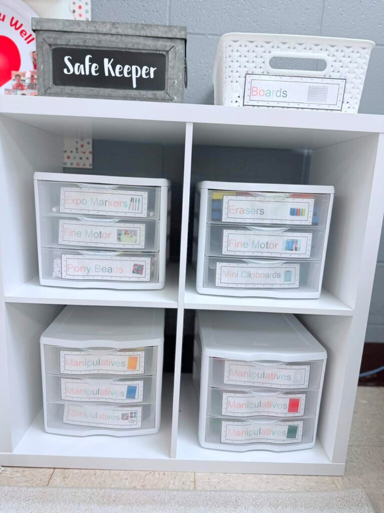 This image shows sterilite 3 drawer containers inside a 4 cube organizer. Each drawer has a Modern Calm Colors editable label describing the supply that is stored inside. 
