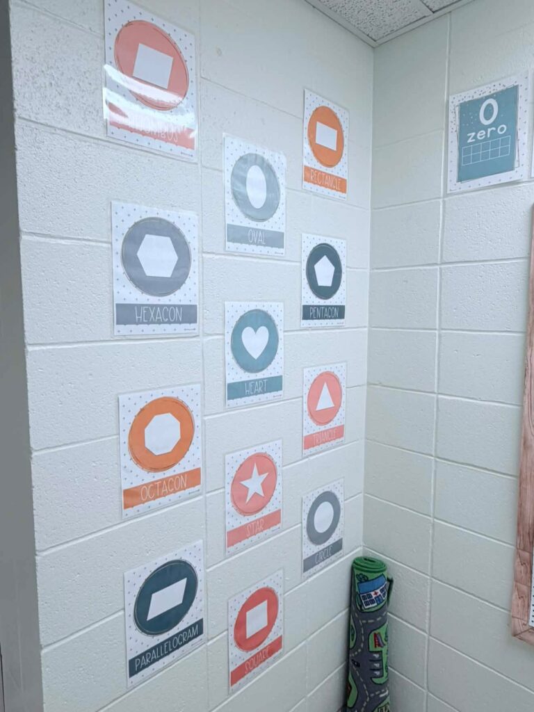 This image shows shape posters included in this PK classroom setup. 