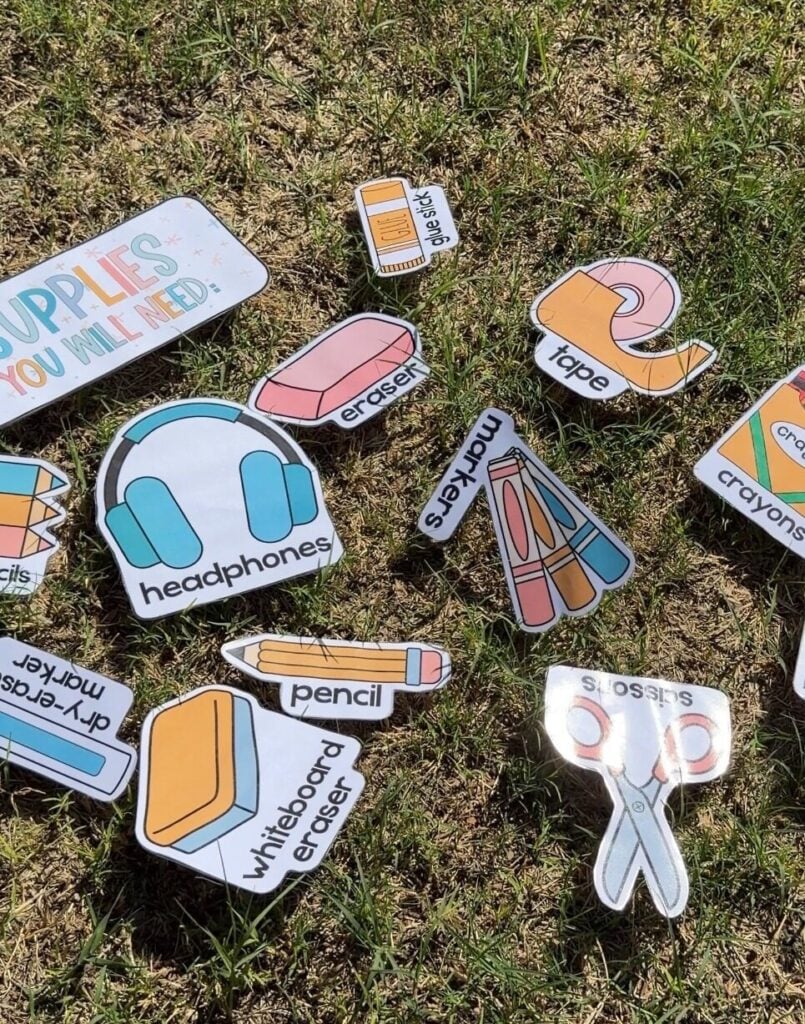 This image shows a close-up of the decor display items once the lamination glare spray has been applied. You no longer see a large glare on the "Supplies You Will Need" banner.